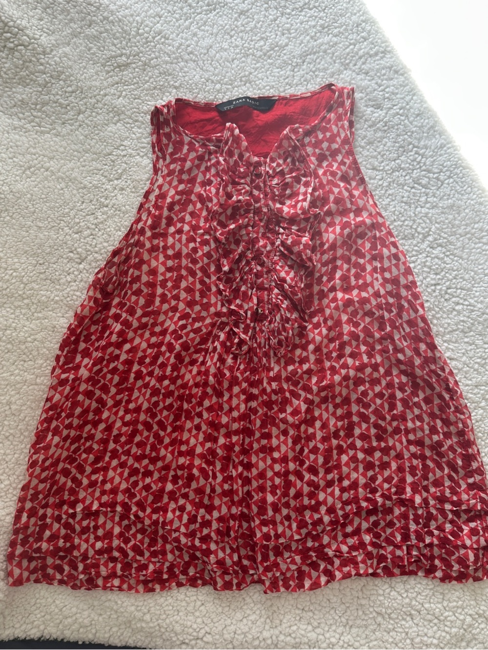 Zara Red and Cream Geometric Ruffle-Front Camisole